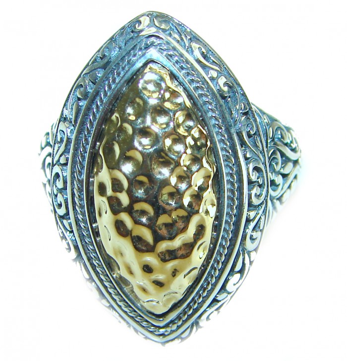 Precious - Bali made 2 tones .925 Sterling Silver handcrafted Ring s. 10 - Ornate Bali ring, top view highlighting intricate silver and gold detailing.