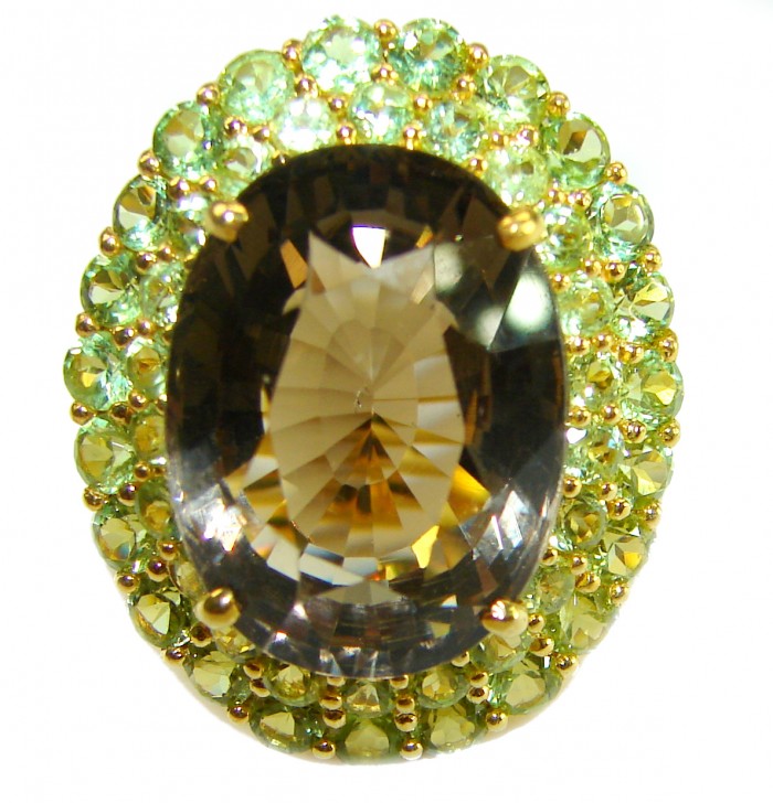 Serenity 18.5 carat Champagne Smoky Topaz 18K Gold over .925 Sterling Silver HUGE Ring size 7 - Close-up of Serenity ring with champagne smoky topaz and green stones.