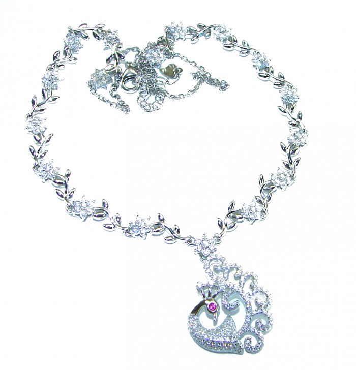 Graceful Swan shimmering White Topaz .925 Sterling Silver handcrafted necklace - Graceful Swan necklace with white topaz, .925 silver, full view.