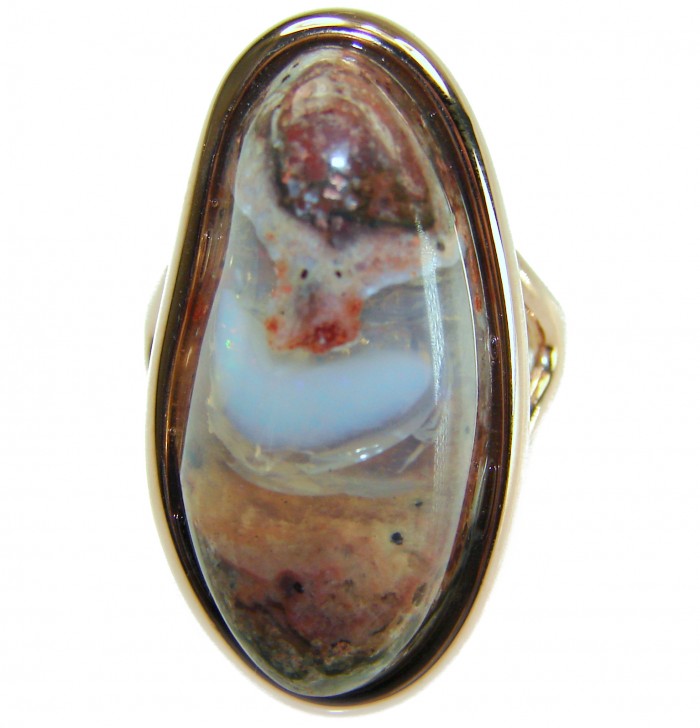 Inner Fire the best quality 24.4 carat Mexican Opal 18K ROSE GOLD OVER .925 Sterling Silver handmade ring 6 1/4 - Close-up of 24.4 carat Mexican Opal ring in 18K rose gold setting