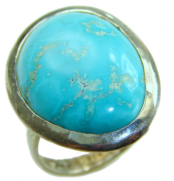 RARE KINGMEN Turquoise .925 Sterling Silver handmade Large ring size 11 - Close-up of RARE KINGMEN turquoise in .925 sterling silver ring setting.