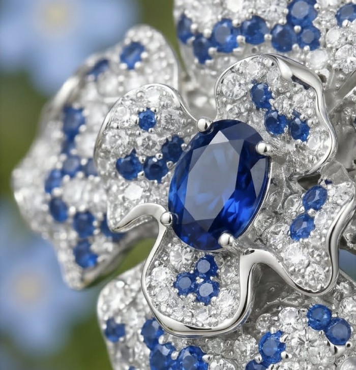 Oceania - 9.5 carat Sapphire .925 Sterling Silver dipped in Rhodium handmade Statement earrings - Close-up of sapphire and diamond flower jewelry in sterling silver.