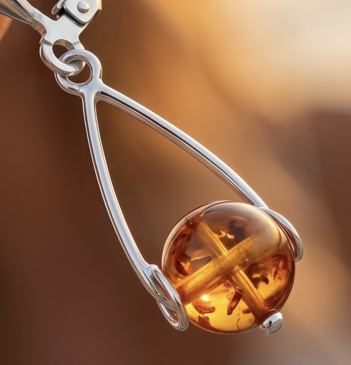 Wonderful Baltic Amber .925 Sterling Silver entirely handcrafted earrings - Amber sterling silver earring close-up with warm background.