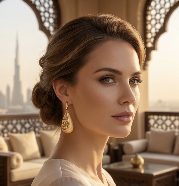 Dubai Style - Golden fancy Drops .925 Sterling Silver dipped in 22K Gold handmade Earrings - Woman wearing Dubai Style golden drop earrings side view.