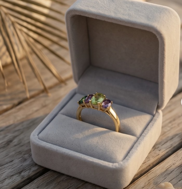 Flower 9.5 carat Multigem 18K Gold over .925 Sterling Silver Handcrafted Ring size 8 - Gold multigem ring in velvet box, top view.