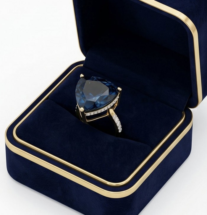 Atlantica rare trillion cut 10.9 carat authentic London Blue Topaz 22K Gold over .925 Sterling Silver Handcrafted Ring size 6 1/4 - Trillion cut blue gemstone ring in navy box, angled view.