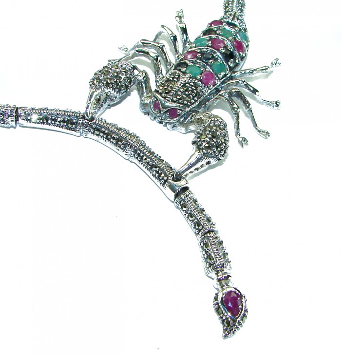 Large SCORPIO Genuine Ruby Emerald Marcasite .925 Sterling Silver handmade handcrafted Necklace - photo 1