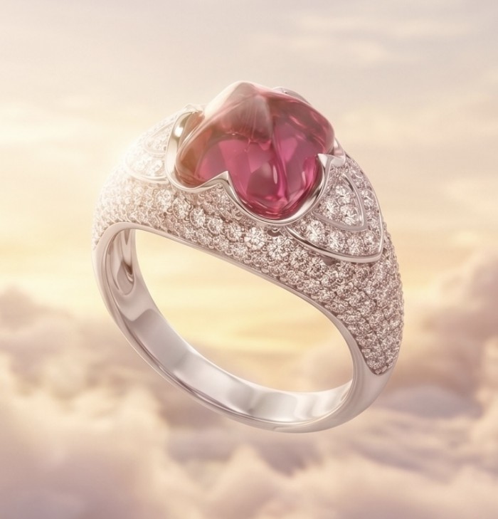 Bella Rosa Natural 5.8 carat Pink Tourmaline .925 Sterling Silver handmade Statement Ring size 7 - Pink tourmaline ring, angled view with diamond accents, on a cloudy background.