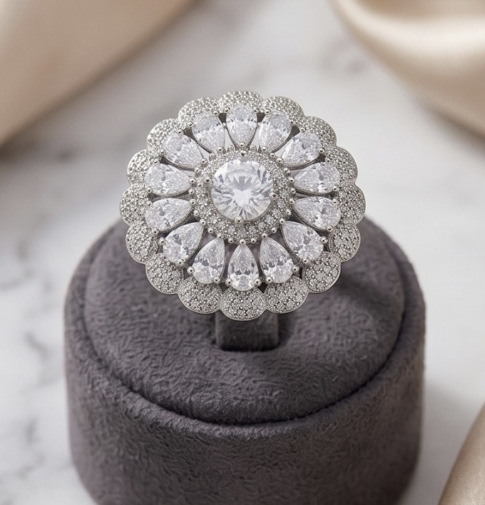 Giovanna - Precious 14.5 carta White Topaz rhodium over .925 Sterling Silver Statement ring size 7 1/2 - Top view of Giovanna 14.5 ct White Topaz ring on gray display.
