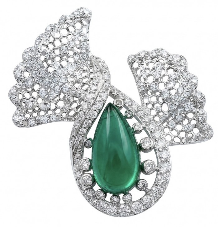 Black Label Collection - Retro Style - Genuine 10.5 carat Colombian Emerald .925 Sterling Silver handmade Brooch - Emerald brooch front view with diamond accents, Black Label Collection