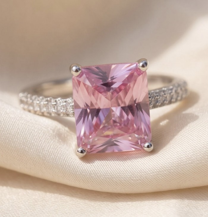 Anastasia princess cut 4.2 carat Pink Sapphire .925 Sterling Silver dipped in Rhodium Handcrafted Ring size 7 1/2 - Close-up of Anastasia princess cut 4.2 carat pink sapphire ring