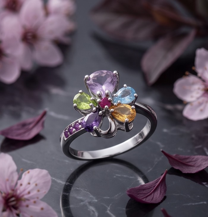 Flower 6.8 carat Multigem rhodium over .925 Sterling Silver Handcrafted Ring size 9 - Flower multigem ring on marble background with floral accents.