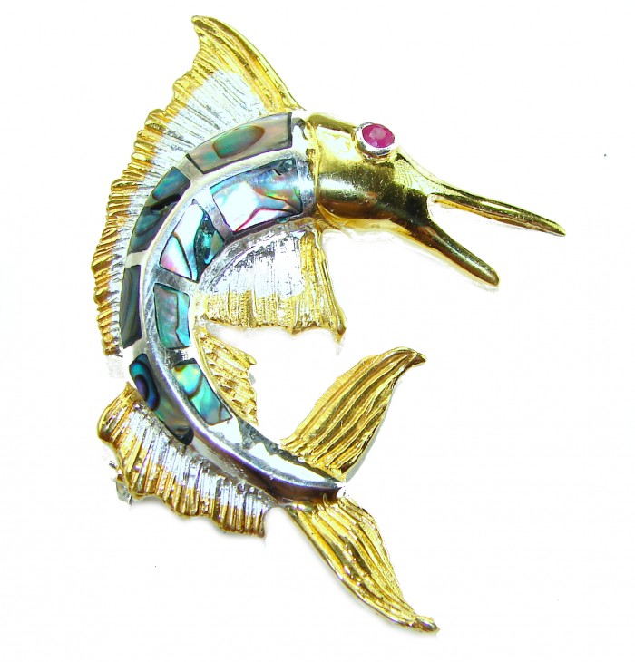 Precious Fish Natural Rainbow Abalone Ruby 14K Gold over .925 Sterling Silver handmade Pendant Brooch - Fish-shaped brooch with abalone and ruby, gold-plated, side view.