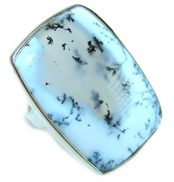 LARGE Top Quality Dendritic Agate .925 Sterling Silver handcrafted Ring s. 7 adjustable - Close-up of a LARGE Dendritic Agate in .925 Sterling Silver setting