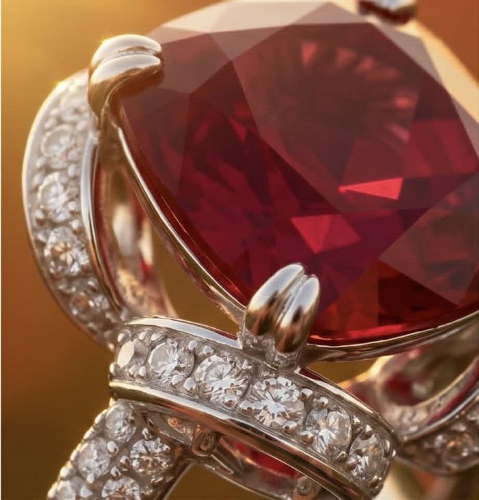 Carmen Natural 12.4 carat Ruby .925 Sterling Silver dipped in Rhodium handmade Statement Ring size 5 1/4 - Close-up of Carmen 12.4 carat ruby in sterling silver with diamond accents.