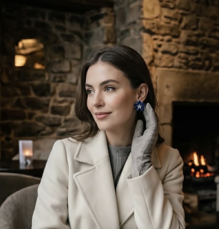 Born to Glam floral-inspired authentic 25.5 carat Sapphire .925 Sterling Silver handcrafted earrings - Side view of model wearing Born to Glam floral sapphire earrings