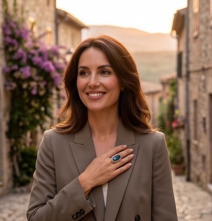 Australian Boulder Opal .925 Sterling Silver handcrafted Large ring size 7 1/4 - Woman wearing Australian Boulder Opal ring on hand, ornate setting visible.