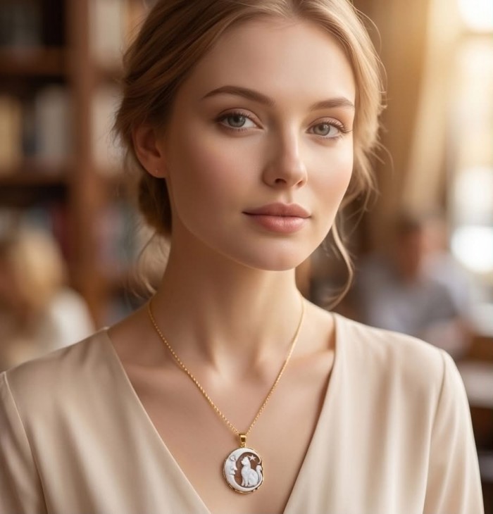 Magic Night vintage style Cameo from Sea Shell 18K Gold over .925 Sterling SilverMade in Italy Statement pendant - Model wearing Magic Night vintage cameo necklace, frontal view.