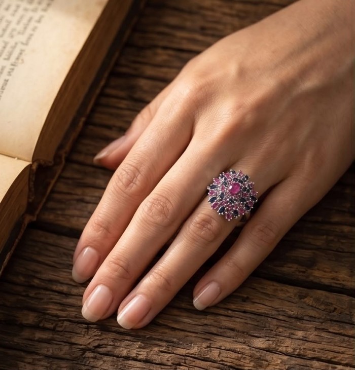 Bella Rosa Genuine 22.8 carat Ruby .925 Sterling Silver dipped in rhodium Statement brilliantly handcrafted Statement Ring size 8 - Ruby ring worn on hand with an open book background.