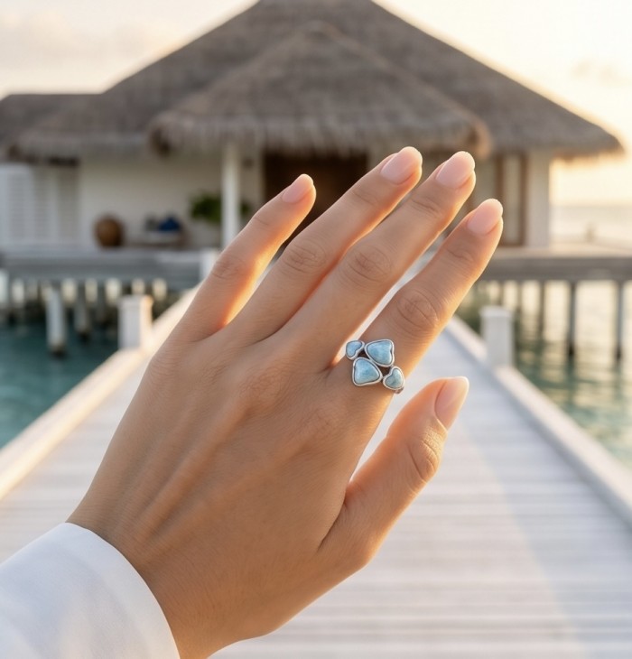 12.9 carat Blue Hearts natural Larimar .925 Sterling Silver handmade ring size 8 1/4 - Blue Hearts Larimar ring on hand with ocean view background