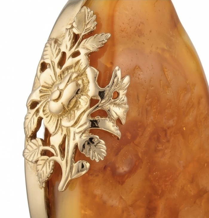Prehistoric Authentic Baltic Amber 14K Gold over .925 Sterling Silver beautifully handcrafted Pendant - Close-up of floral gold design on amber stone jewelry piece.