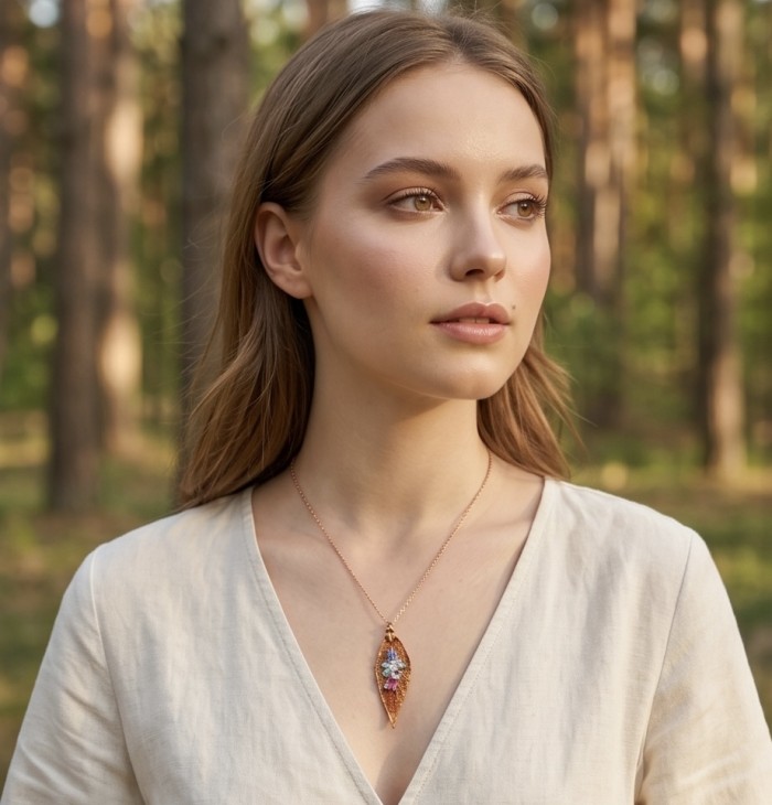 Stylish REAL Leaf dipped in Rose Gold 4.5 carat Garnet .925 Sterling Silver Pendant - Woman wearing rose gold leaf necklace in forest setting