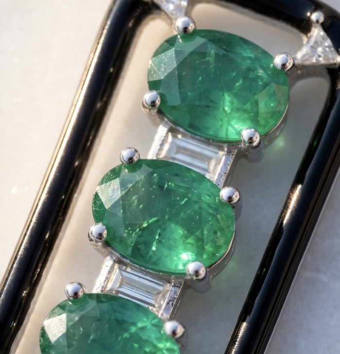 Art Deco 8.2 carat Colombian Emerald .925 Sterling Silver handcrafted Statement earrings - Emerald and sterling silver jewelry close-up showing stone detail