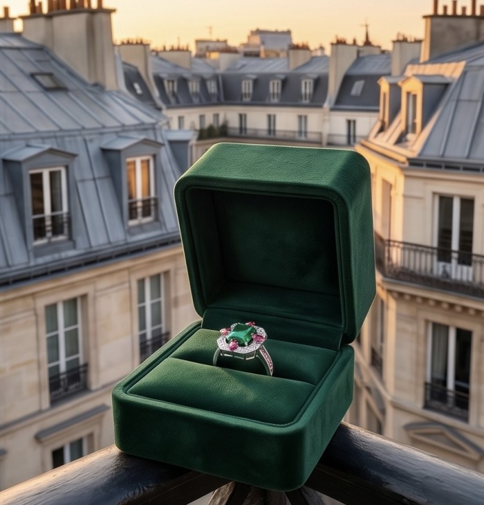 Art Deco 8.6 ctw Emerald .925 Sterling Silver handcrafted Statement Ring size 7 1/4 - Emerald ring in box, rooftop background, close-up view
