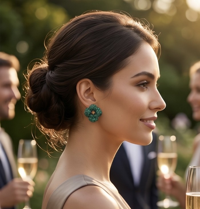 Exotic Flowers - 18.8 carat Colombian Emerald 2 tones .925 Sterling Silver dipped in rhodium handmade Statement Earrings - Side view of woman wearing Exotic Flowers emerald earrings.