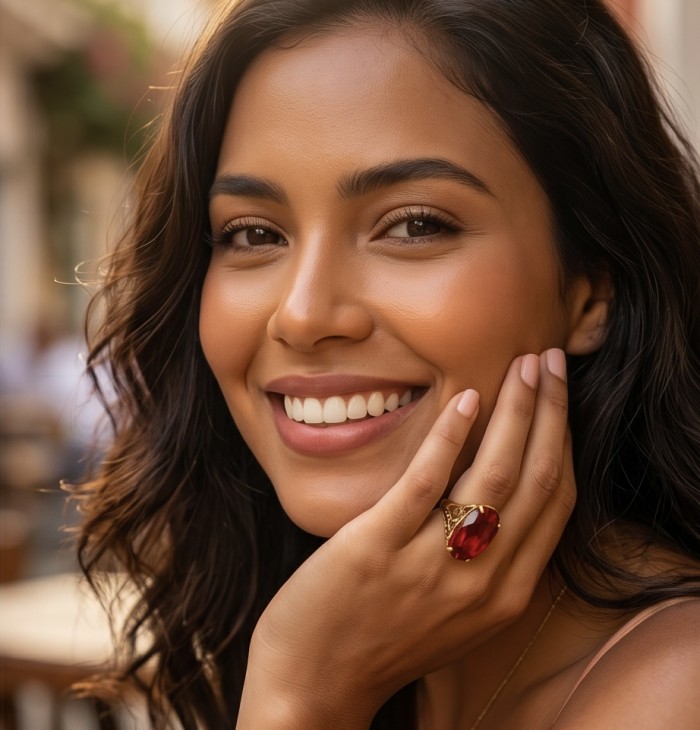 Carmen Natural 25.4 carat Ruby .925 Sterling Silver dipped in 22K Gold handmade Large Statement Ring size 6 1/4 - Ruby ring worn on hand, 25.4 carat, close-up view.