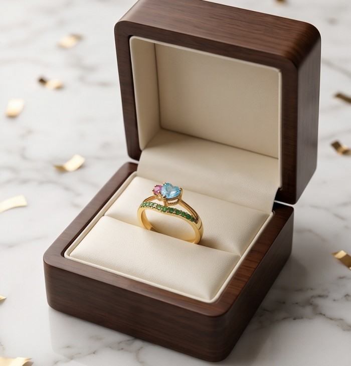 Atlntica 5.8 carat Swiss Blue Topaz .925 Sterling Silver dipped in 14K Gold handcrafted ring size 8 - Ring in open box, front view, gold band with blue and pink stones.