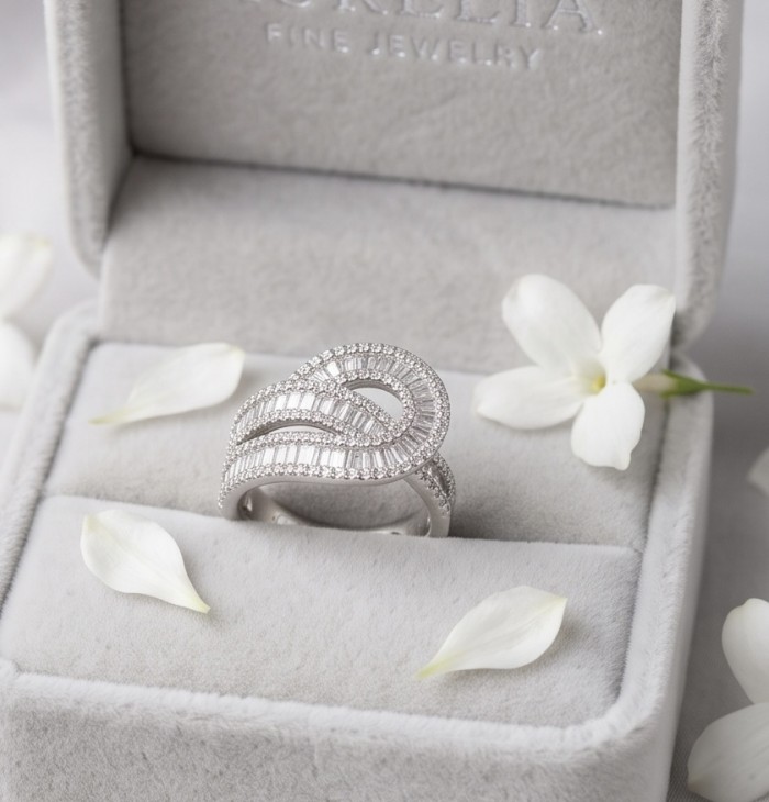Art Deco 8.6 ctw White TOPAZ .925 Sterling Silver handcrafted Statement Ring size 7 - Top view of Art Deco white topaz sterling silver ring in a box.