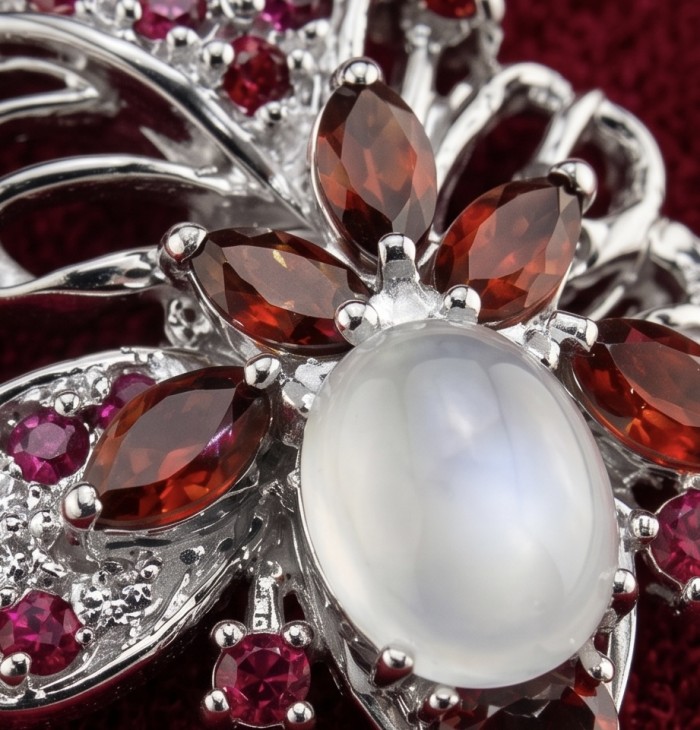 Vintage Beauty 12.9 carat ROSE QUARTZ 18K Gold over .925 Sterling Silver handcrafted pendant - Close-up of Vintage Beauty rose quartz and gemstone brooch detail
