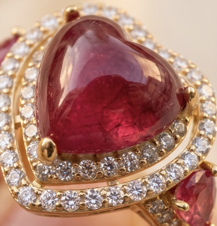 Enchanted Heart 6.9 carat natural Mozambique Ruby 22K Gold over .925 Sterling Silver Huge handcrafted Ring s. 7 adjustable - Close-up of Enchanted Heart 6.9 carat Mozambique Ruby in 22K Gold setting.