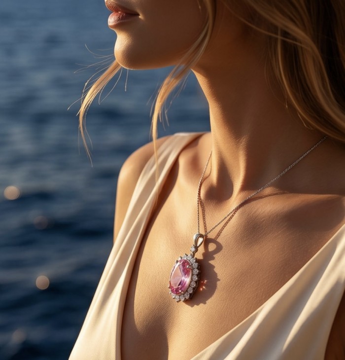 Incredible oval cut 15.8 carat Pink Sapphire .925 Sterling Silver handcrafted pendant - Pink sapphire necklace worn by a model by the sea, focusing on the pendant.