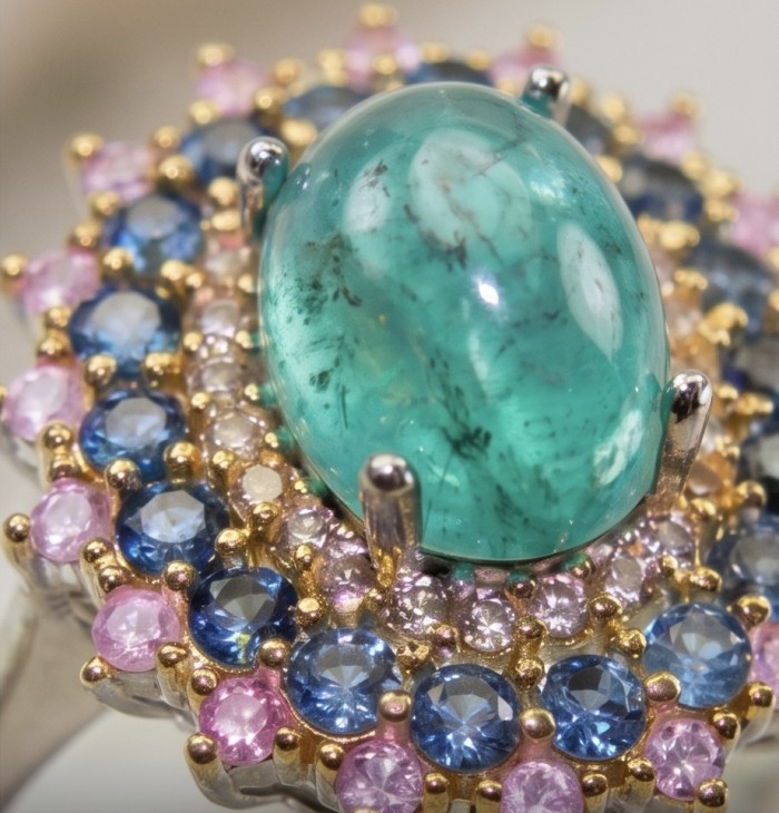 Precious 3.2 CARAT Colombian Emerald 18K Gold over .925 Sterling Silver Statement Ring s. 7 1/4 - Close-up of Colombian emerald ring with blue and pink stones in gold setting