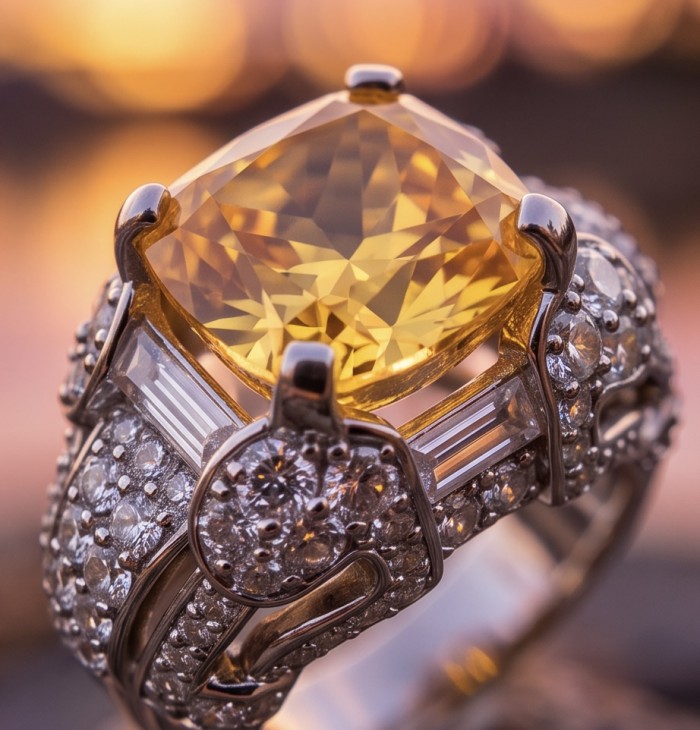 Anastasia 10.2 carat yellow Sapphire .925 Sterling Silver dipped in Rhodium Handcrafted Statement Ring size 6 - Close-up of Anastasia 10.2 carat yellow sapphire ring in sterling silver
