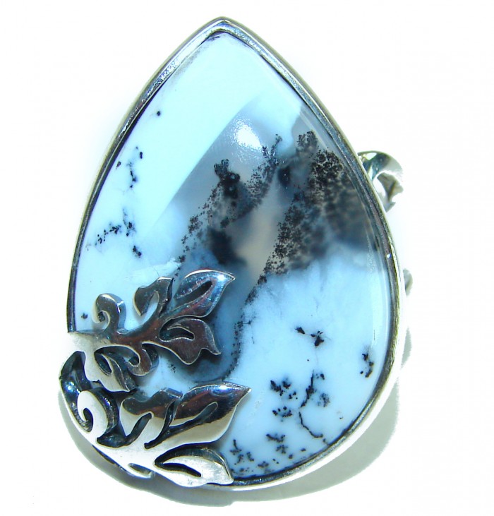 Top Quality Dendritic Agate .925 Sterling Silver handcrafted Ring s. 7 adjustable - Close-up of dendritic agate in ornate sterling silver setting