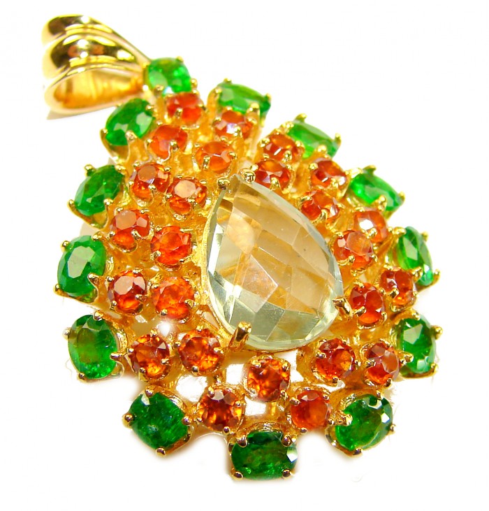 Giovanna - Authentic 39.9 carat Brazilian Citrine .925 Sterling Silver dipped in 18K Gold handcrafted Pendant - Colorful gemstone pendant close-up featuring citrine and green stones