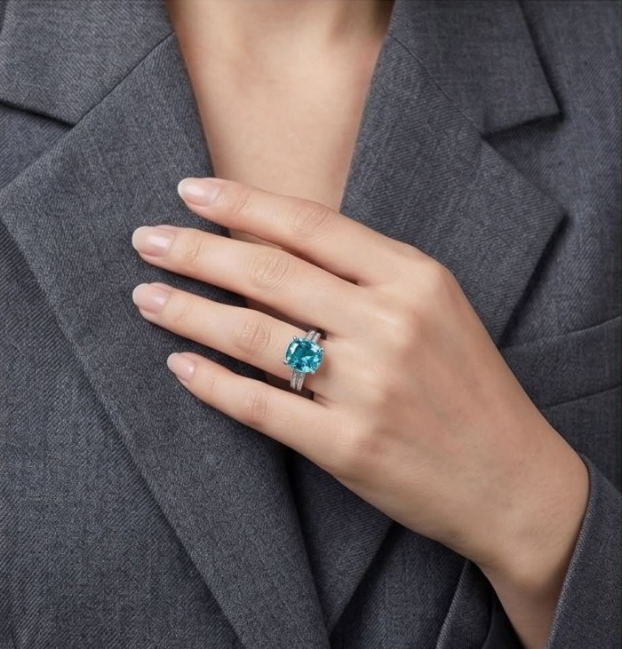 Eau Pure 8.2 carat Paraiba Tourmaline .925 Sterling Silver Handcrafted Ring size 8 adjustable - Paraiba tourmaline ring on hand, showcasing 8.2 carat stone.