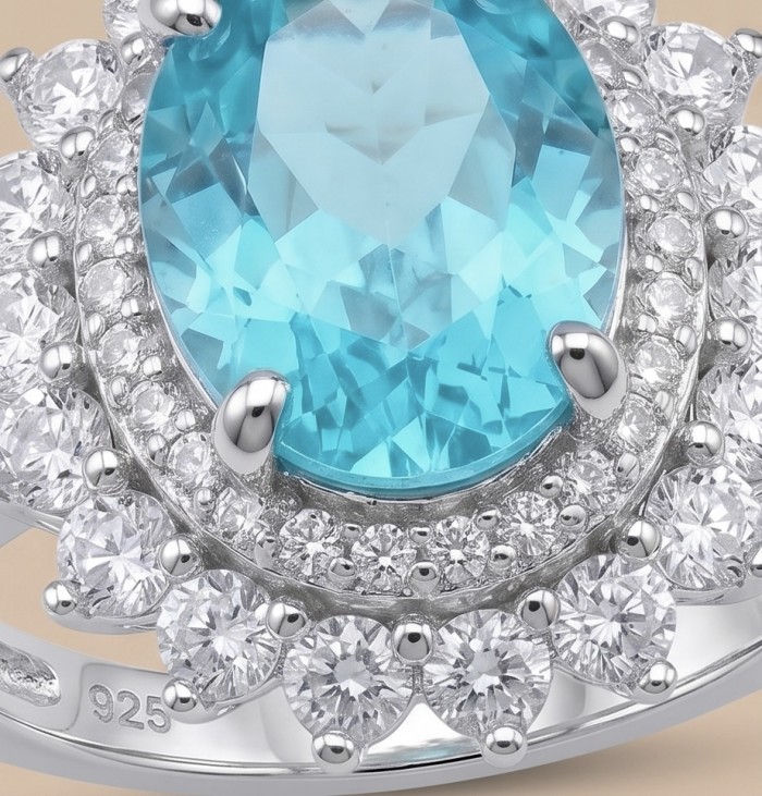 WONDERLAND 15.5 carat Paraiba Tourmaline .925 Sterling Silver Handcrafted Ring size 9 - Close-up of 15.5 carat Paraiba Tourmaline ring in .925 Sterling Silver