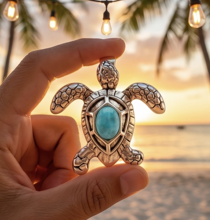 Exotic Turtle natural Larimar .925 Sterling Silver handcrafted Pendant - Hand holding turtle pendant with Larimar stone at sunset beach background