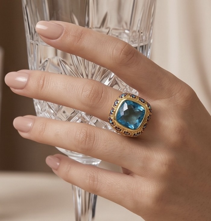 Dream Natural fancy Rose cut 22.8 carat Swiss Blue Topaz Enamel .925 Sterling Silver dipped in 22K Gold handmade Large Statement Ring size 6 3/4 - Swiss Blue Topaz ring, 22.8 carats, worn on hand holding a glass.