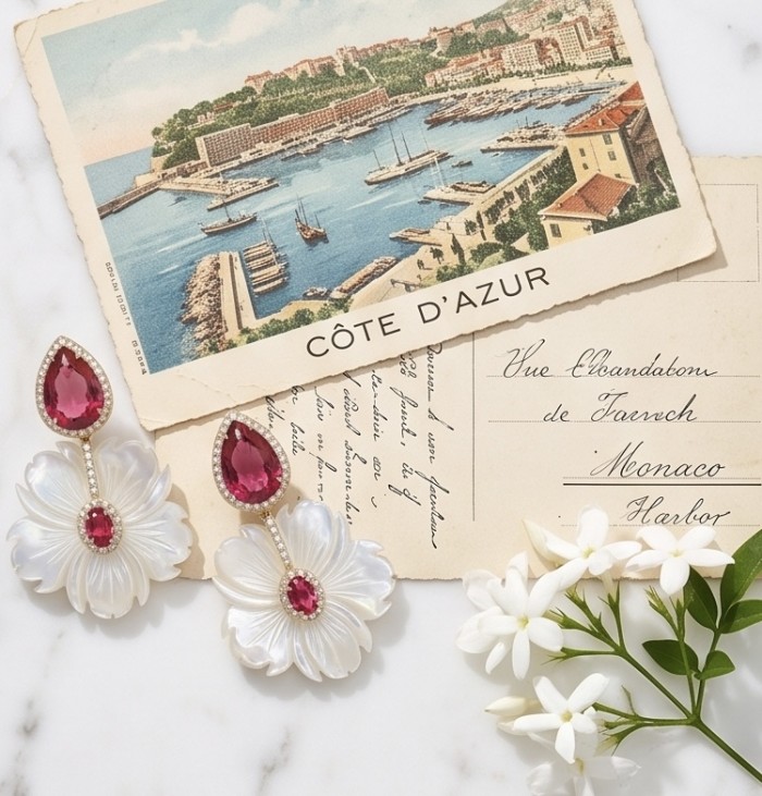 Summer Flowers Blister Pearl Red Topaz 14K Gold over .925 Sterling Silver handcrafted Earrings - Earrings with red topaz and pearl on vintage postcard and flowers.