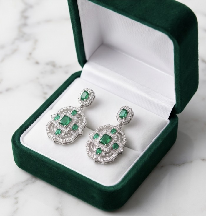 Art Deco - 8.8 carat Colombian Emerald .925 Sterling Silver handmade Statement Earrings - Art Deco earrings with emeralds in a green velvet box, top view.