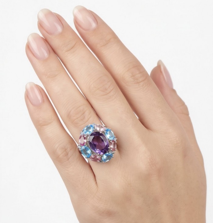 Francesca TOP QUALITY Genuine 33.7 carat Brazilian Amethyst rhodium over .925 Sterling Silver handcrafted Statement Ring size 7 1/4 - Amethyst ring worn on hand, top view.