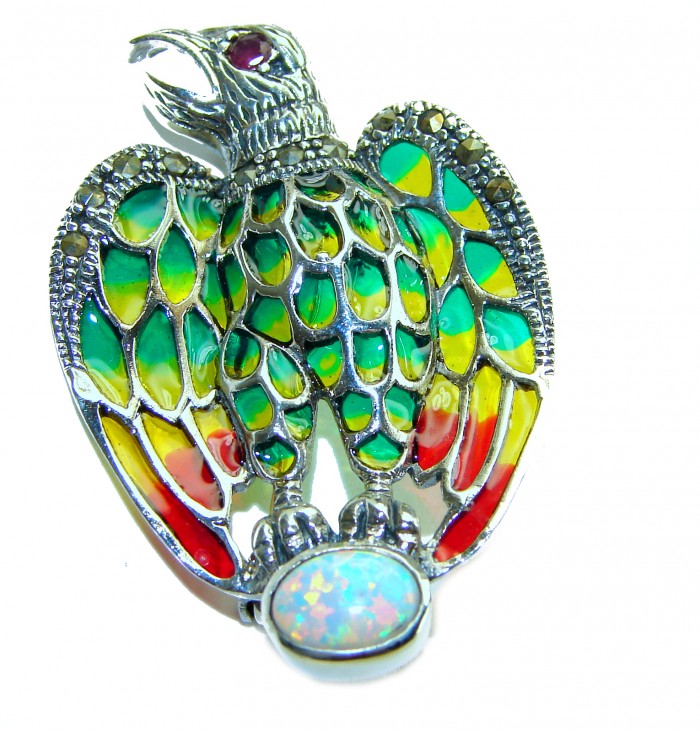Natural Enamel Eagle .925 Sterling Silver Brooch Pendant - photo 1