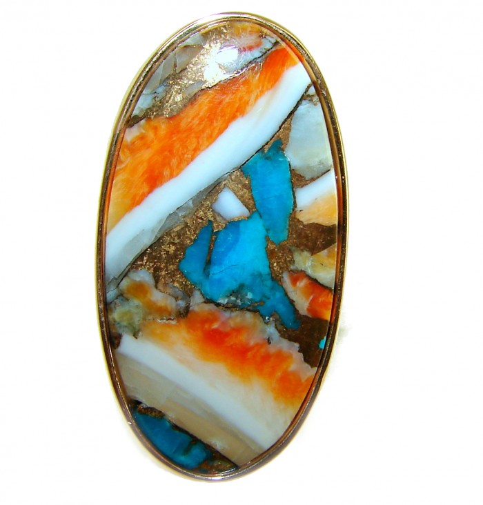 Rare 29.5 carat Oyster Turquoise 18K Gold over .925 Sterling Silver handcrafted Large ring; s. 6 adjustable - Oyster Turquoise stone close-up in 18K Gold over .925 Sterling setting.