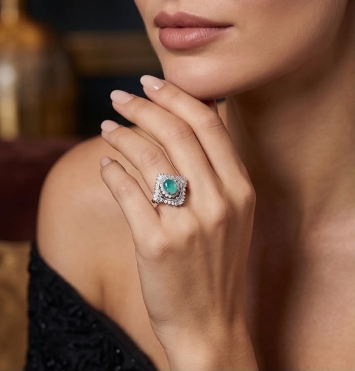 Vintage style - Timless Beauty - 3.5 carat Colombian Emerald 7.1 carat White Topaz .925 Sterling Silver handcrafted Statement Ring size 7 1/4 - Emerald ring worn on hand, close-up showing vintage style details.
