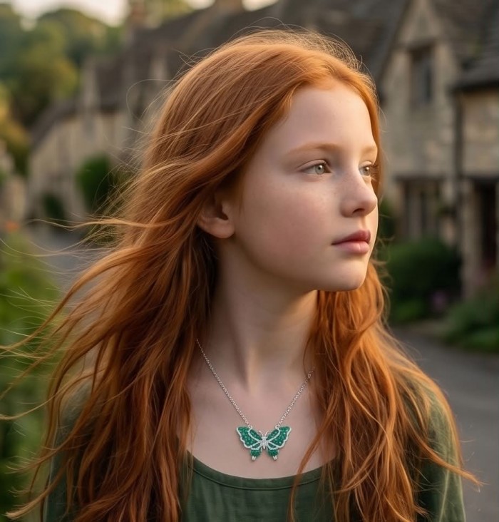 Precious Butterfly authentic 12.9 carat Colombian Emerald .925 Sterling Silver handcrafted Statement necklace - Side view of a girl wearing a butterfly emerald necklace